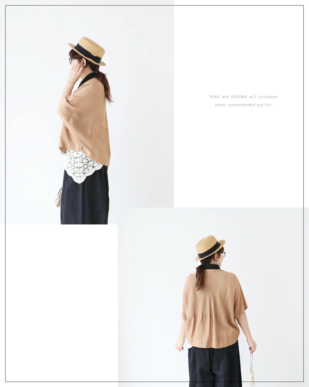 A woman wearing a beige top and hat against a white background.