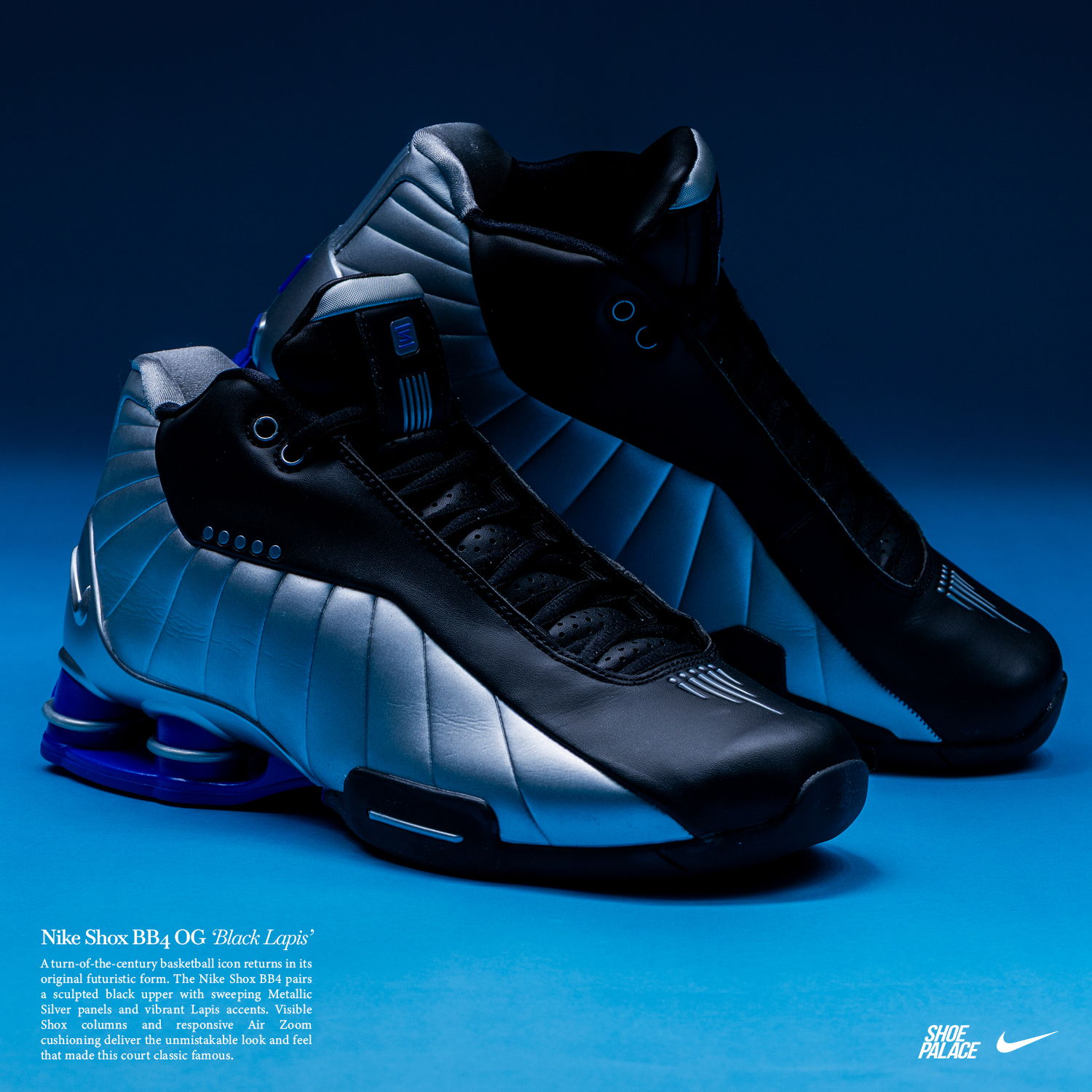 Nike shoes displayed on a blue background.