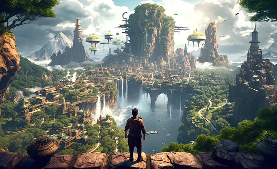 A person gazing at a fantastical landscape with waterfalls and floating islands.