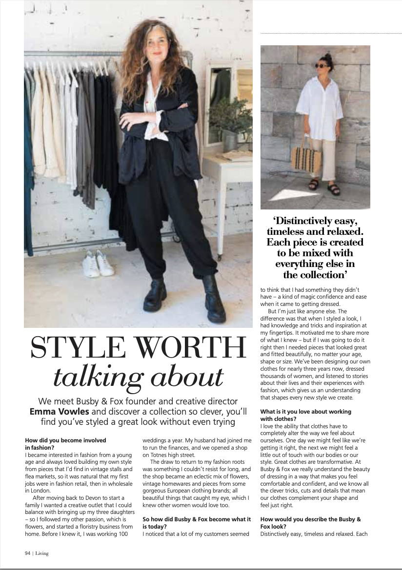 An article in Wiltshire Living magazine's april 2023 edition featuring a interview with Emma Vowles the title - 'Style worth talking about'