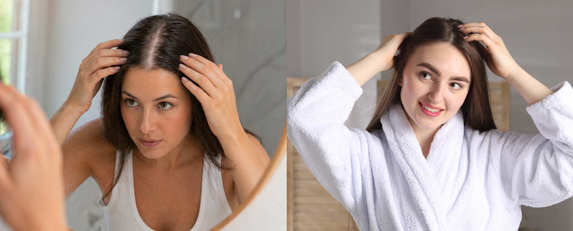 Woman examining part line for signs of hair thinning
