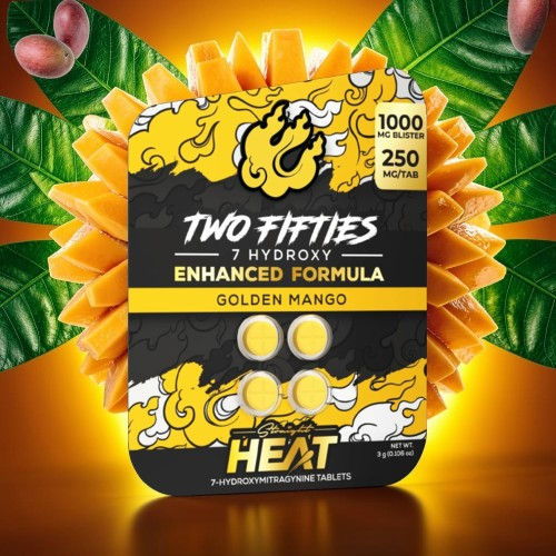 Packaging for Two Fifties enhanced formula, golden mango flavor, with tropical leaves background.