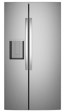 Stainless steel side-by-side refrigerator with water dispenser.