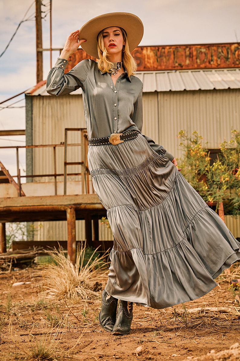 Lozzie wearing the Ada Blouse and Emma Skirt with the Cattleman Boot.
