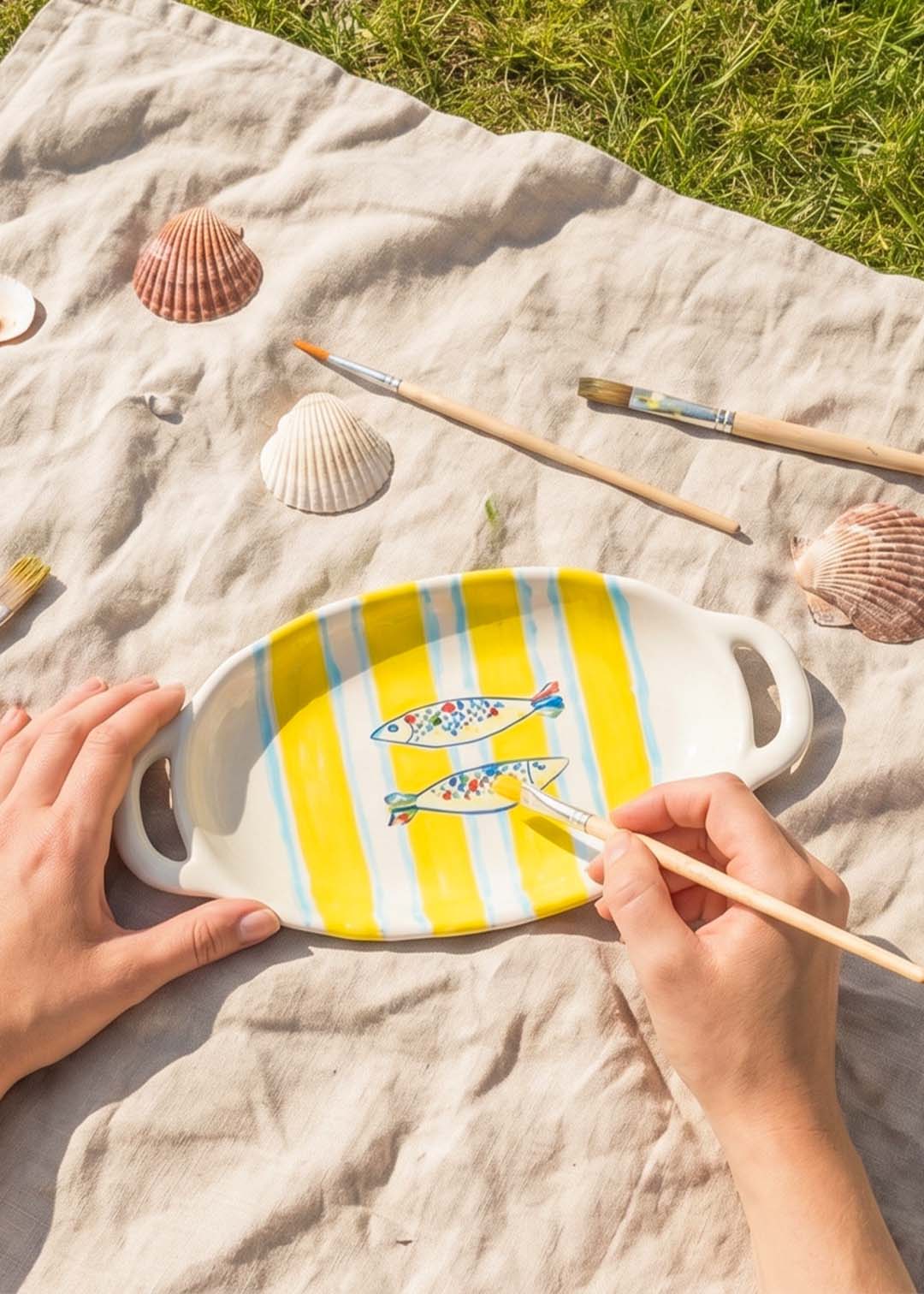 Person painting a striped dish with seashells and brushes nearby.