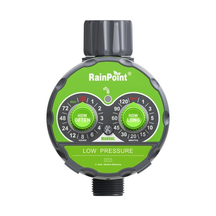 RainPoint low pressure irrigation timer with dials for settings.