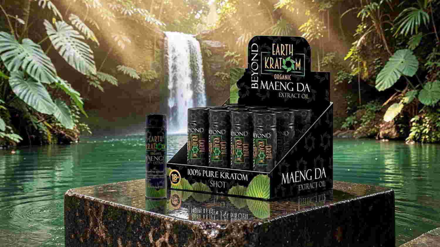 Display of beauty products in a tropical setting with a waterfall.
