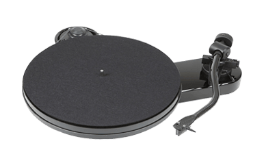Black turntable with a stylus and platter.
