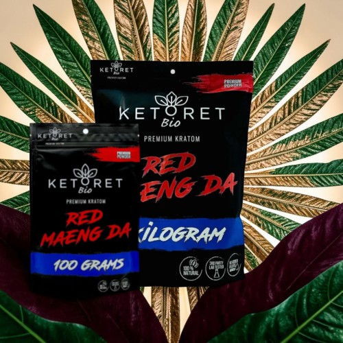Bags of Ketoret Red Maeng Da and Red Bentuangie on a leaf background.