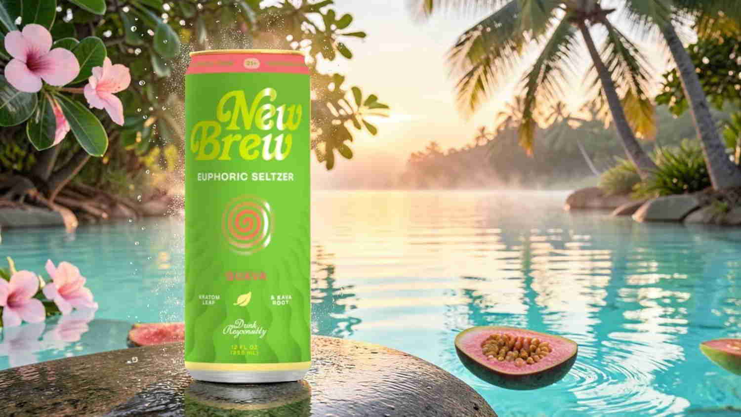 Can of watermelon drink by a tropical pool with flowers.