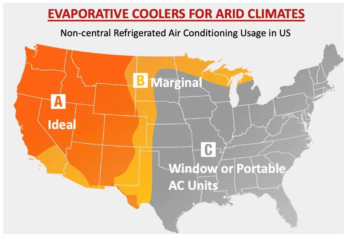Map of where evaporative or swamp coolers work best
