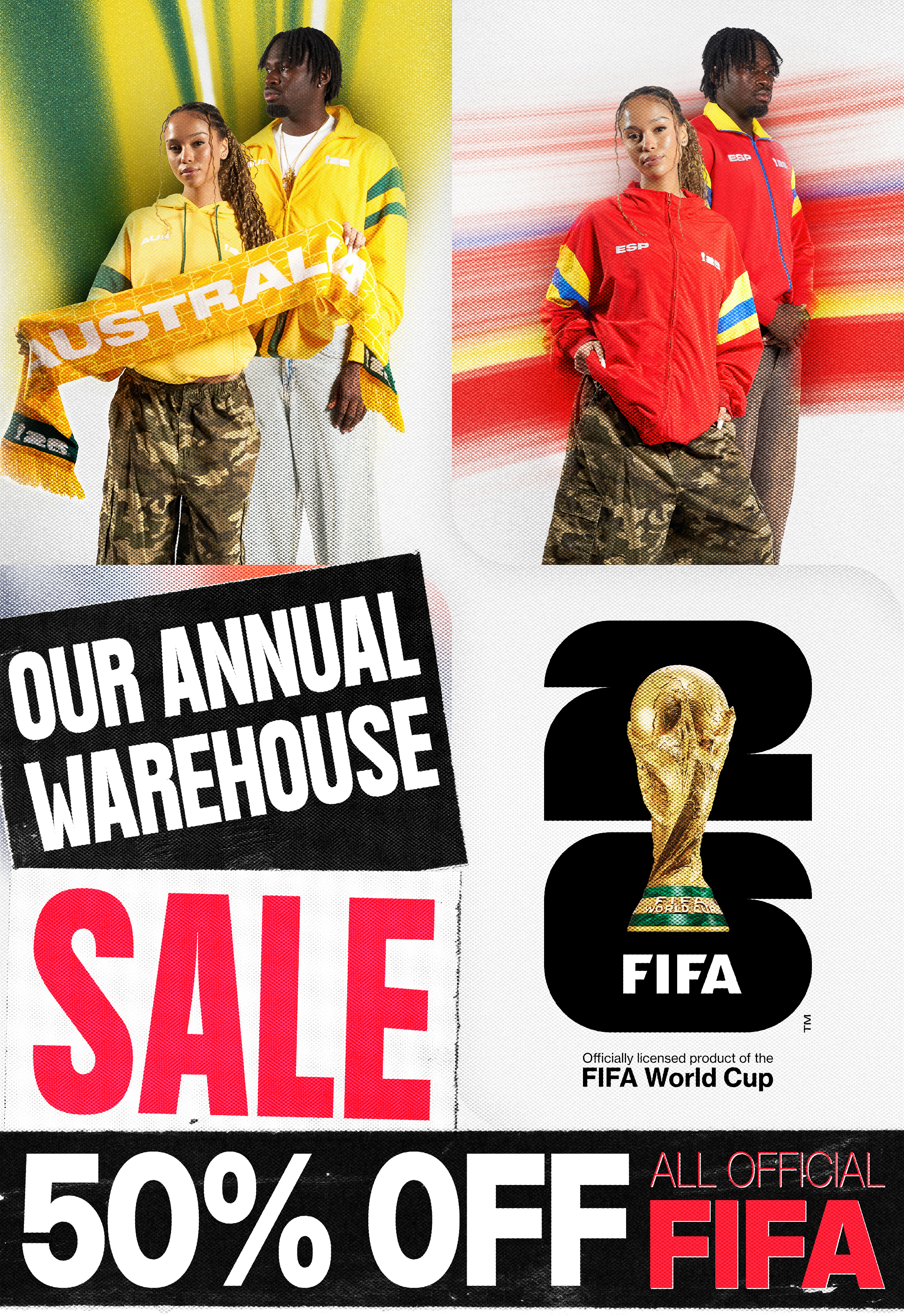 Promotional image for FIFA World Cup sale, featuring models and discount details.