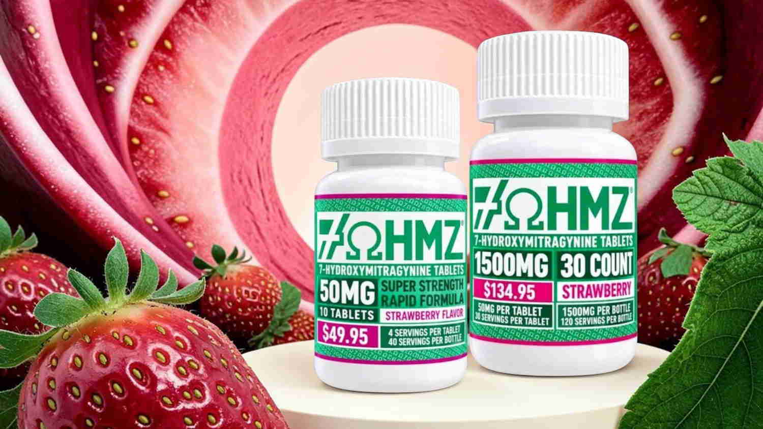Bottles of supplements with fruits in the background.