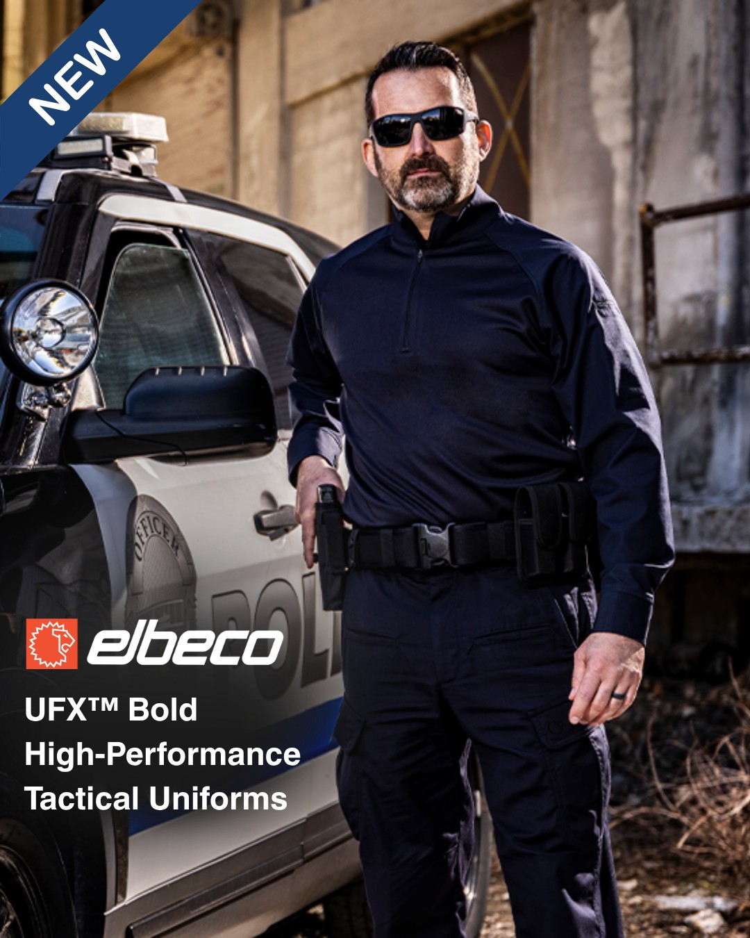 Man in tactical uniform next to police vehicle, promoting high-performance uniforms.