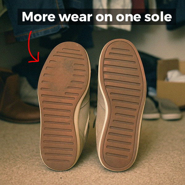 Two shoe soles, one showing more wear than the other. This can be a sign that you're favoring one foot because the other is in pain or numb.