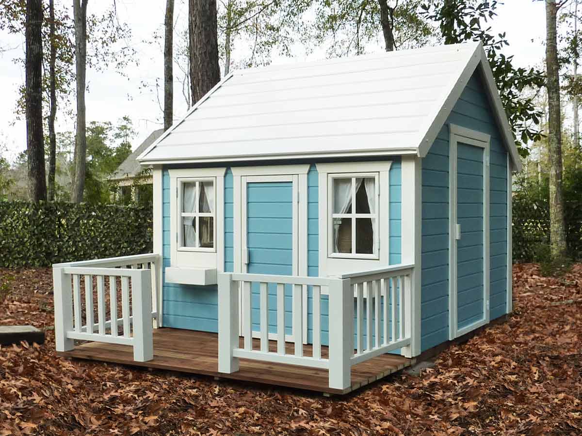 Blue Outdoor Kids Playhouse With White Roof, Blue Walls, Wooden Terrace with White Railing by WholeWoodPlayhouses