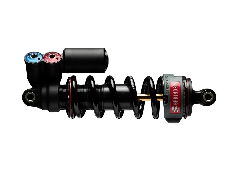 Sprindex adjustable progressive coil spring installed on a mountain bike coil rear shock