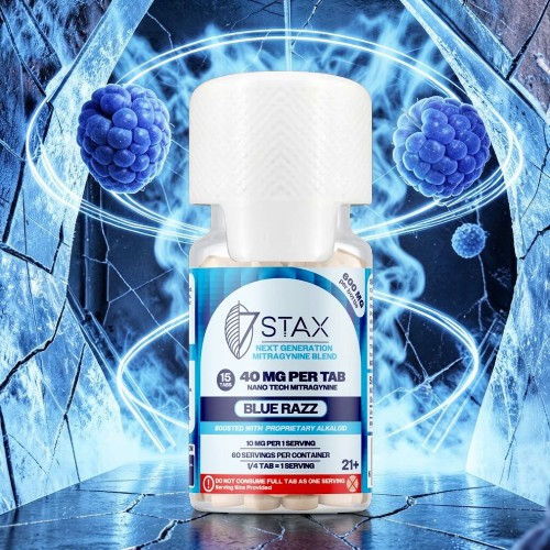 Bottle of Stax product with blue background and molecular design.