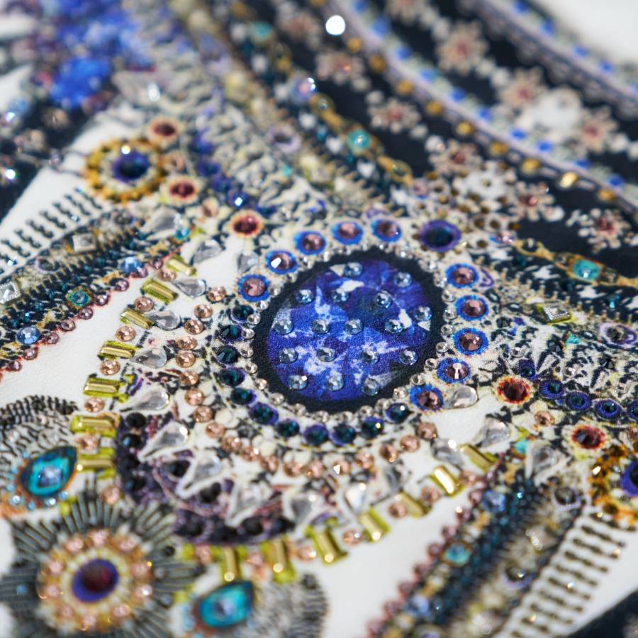 Close up detail of Swarovski crystals on camilla VIP kaftan