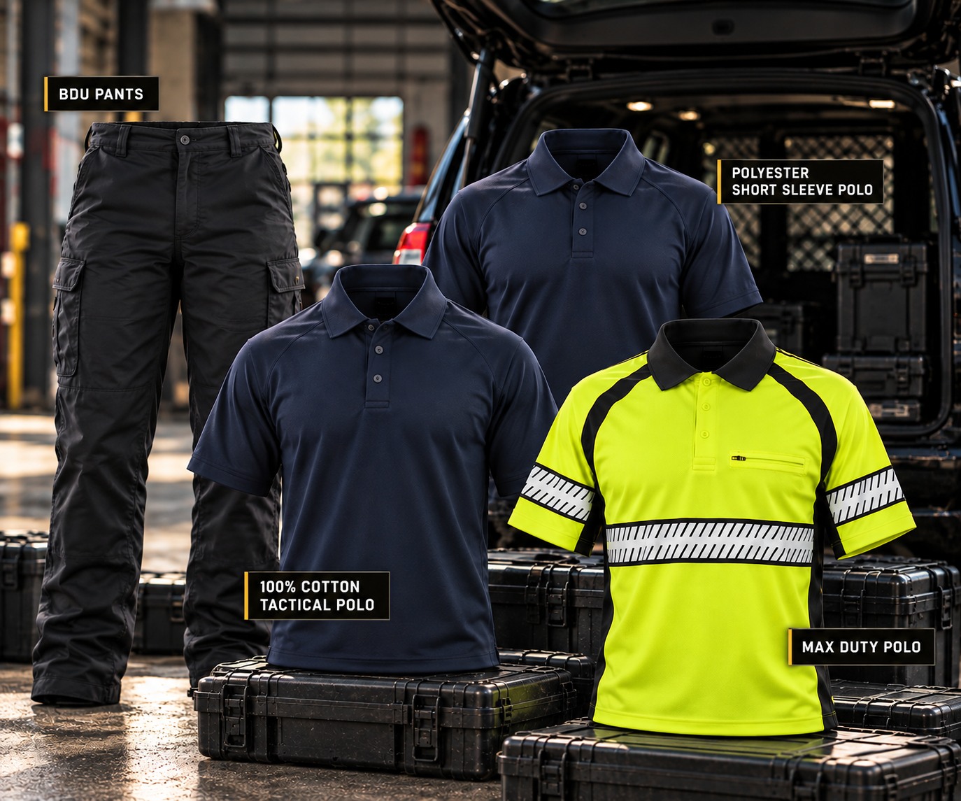 Various tactical clothing items displayed near a vehicle.
