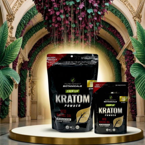 Kratom powder packaging displayed in an ornate setting with decorative plants.