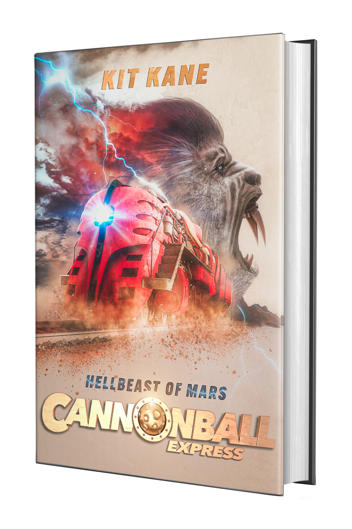 CANNONBALL EXPRESS - A Sci-Fi Western Book Series by Kit Kane - Book 2 - Hellbeast of Mars - Ebook Cover - Image of a red sci-fi train thundering over the railroads of Mars, while a gigantic ape-like alien monster roars in the background.