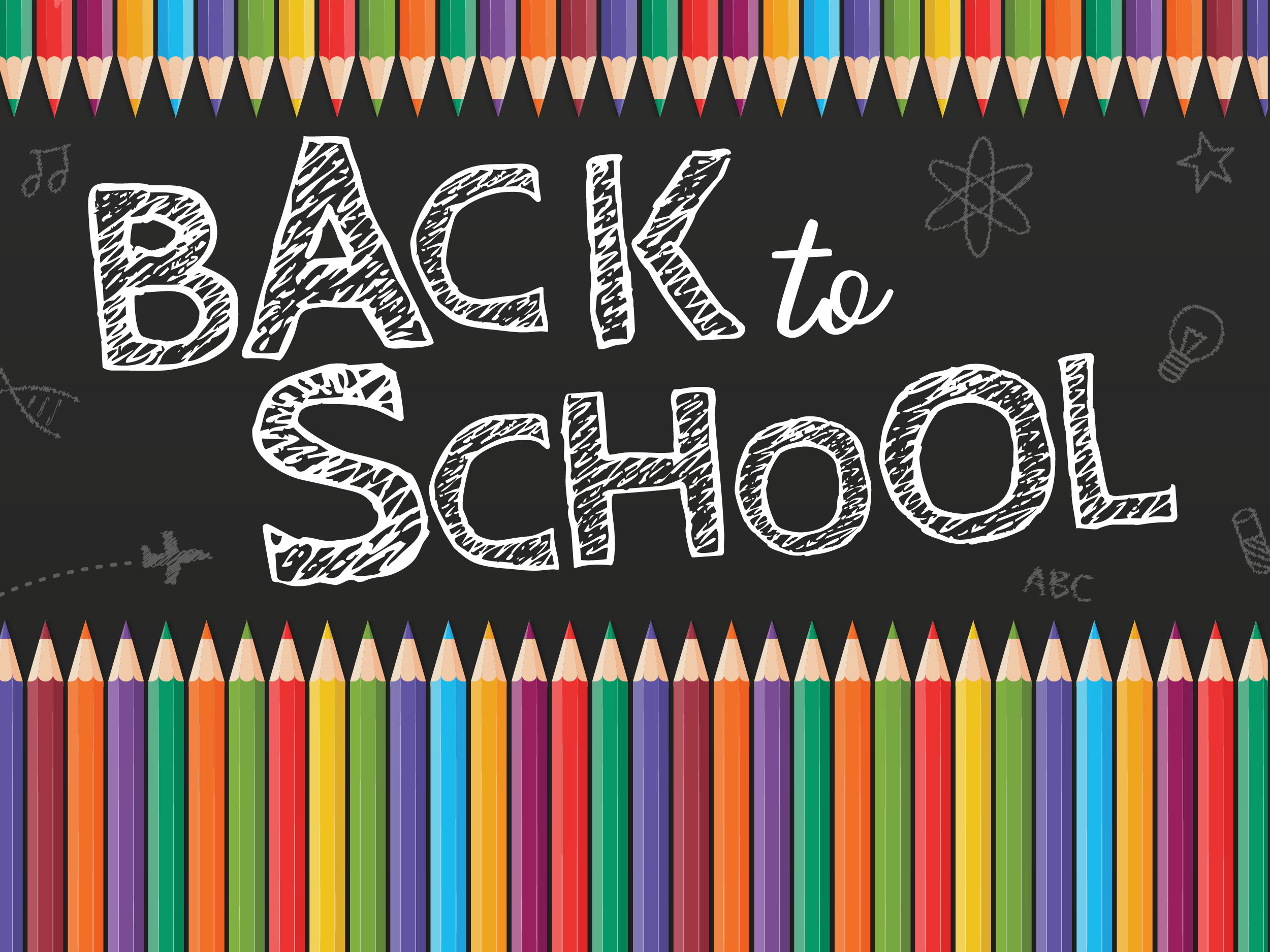 Colorful pencils border a chalkboard with 