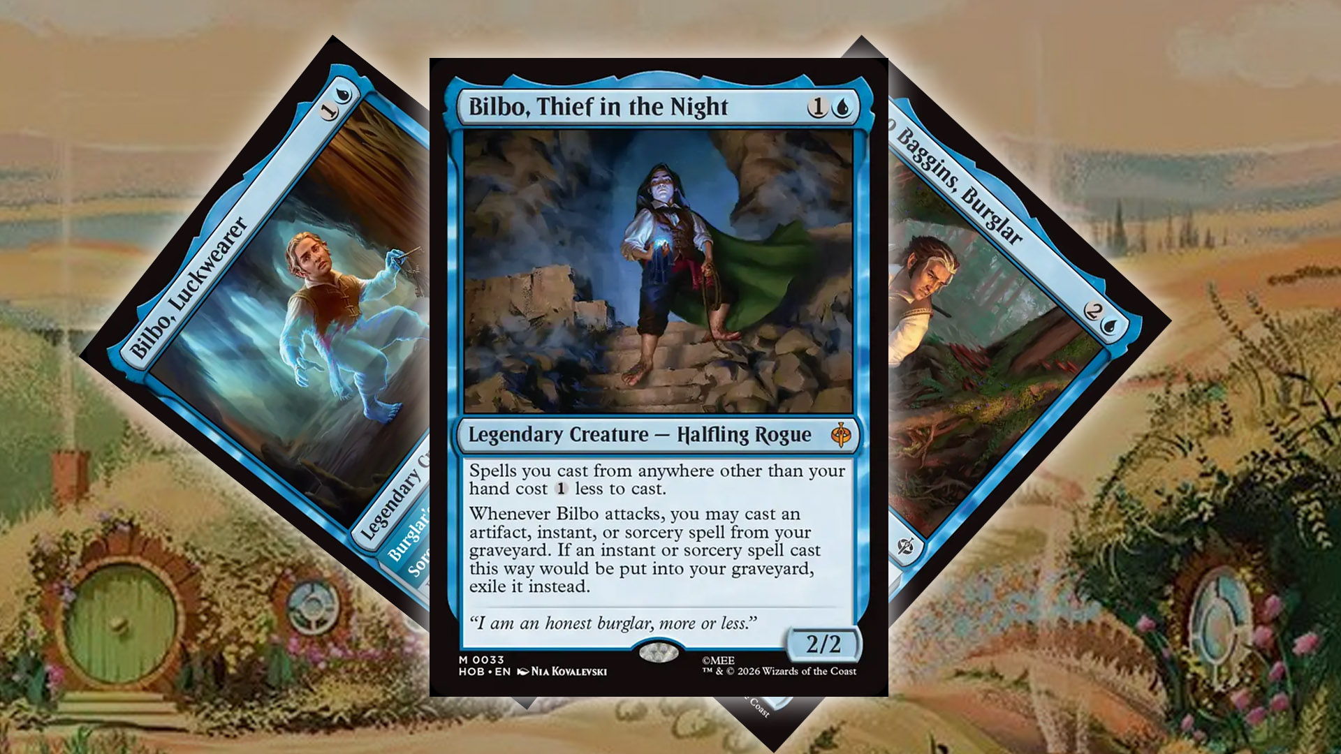 A selection of three cards depicting Bilbo Baggins from the upcoming MTG The Hobbit Crossover.