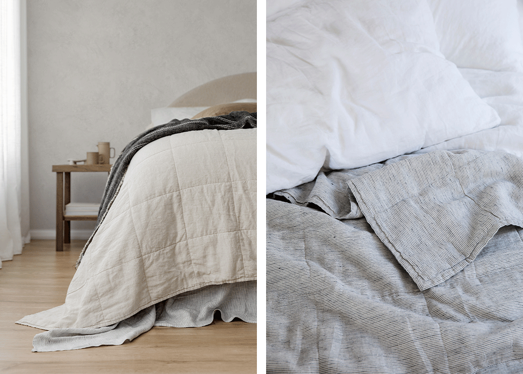Left: A bed dressed in the Linen Flat Sheet in Pinstripe with the Quilted Bedcover in Natural and a Mira Linen Throw in Rafa on top. Right: A close up of the Quilted Bedcover in Pinstripe.