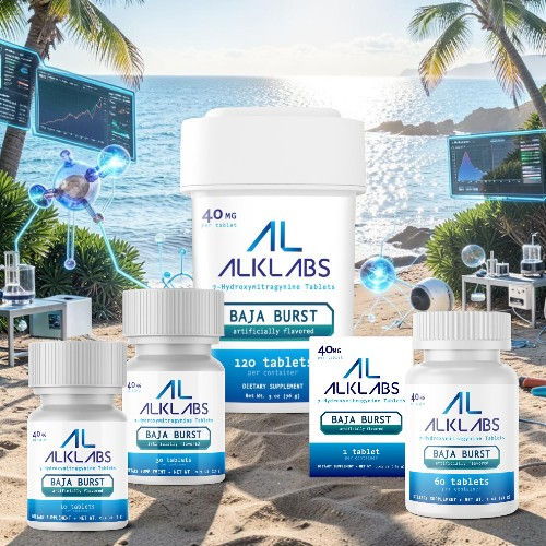 Various supplement bottles in a beach setting with tropical background.