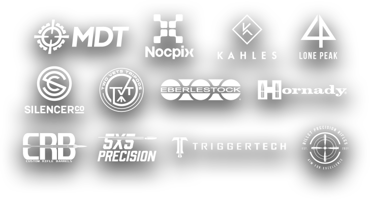 Logos of various firearm and optics brands on a black background.