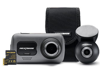 Dashcam with accessories including a memory card and carrying case.