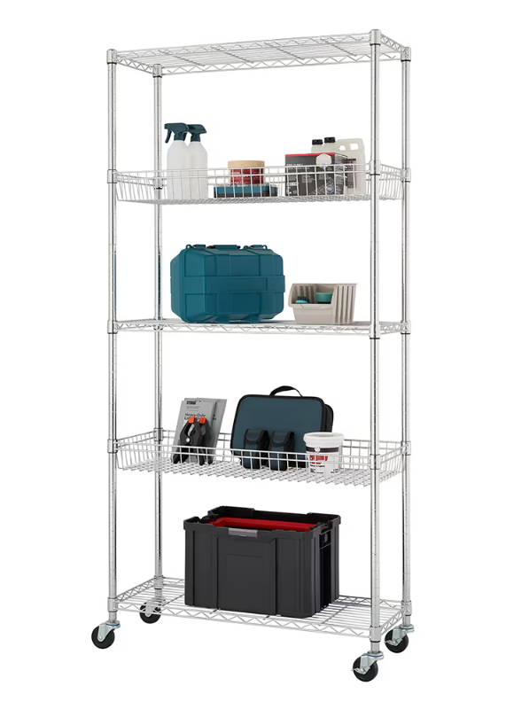 Shelving unit with items on the shleves and in baskets