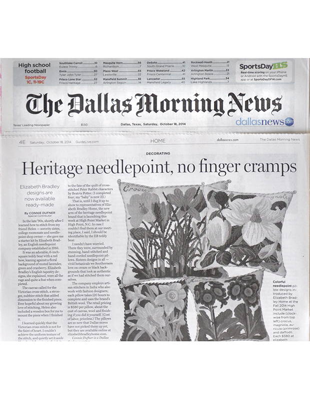 The Dallas Morning News home section featuring Elizabeth Bradley cushions