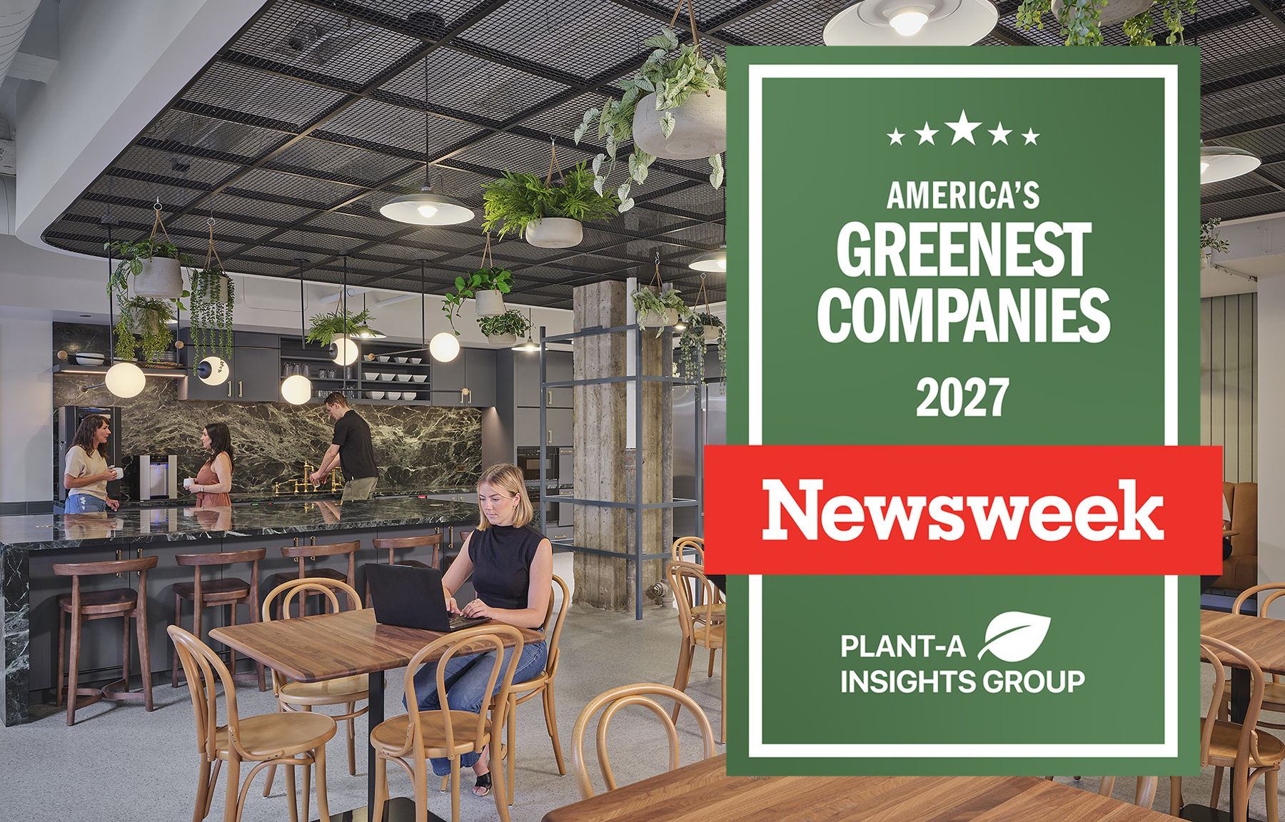 Interior of a green company restaurant with award logo and text overlay.