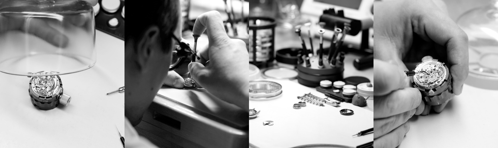 black and white photo collage of watch repair at Henne Jewelers