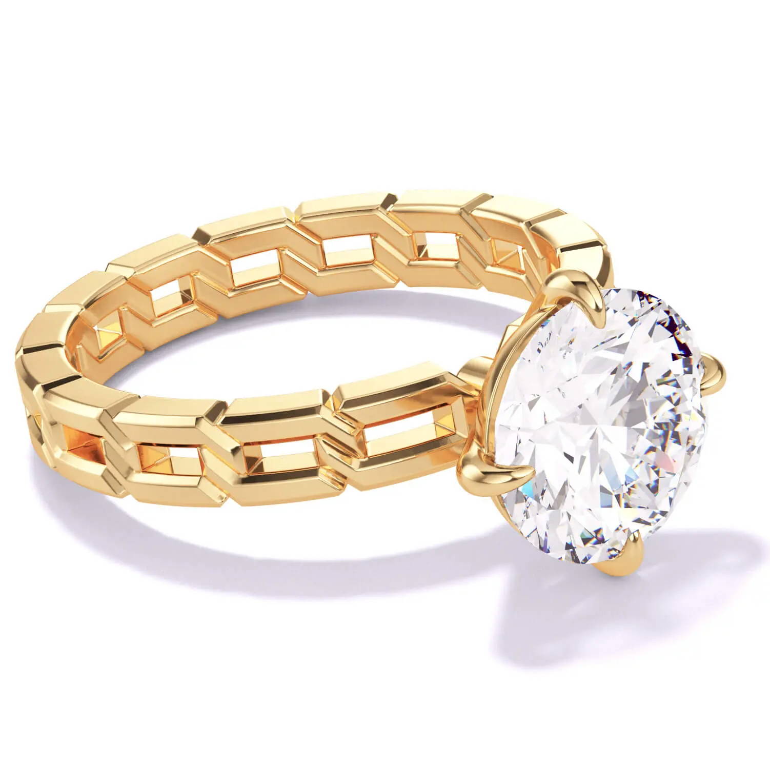 round brilliant diamond engagement ring on a links band in yellow gold