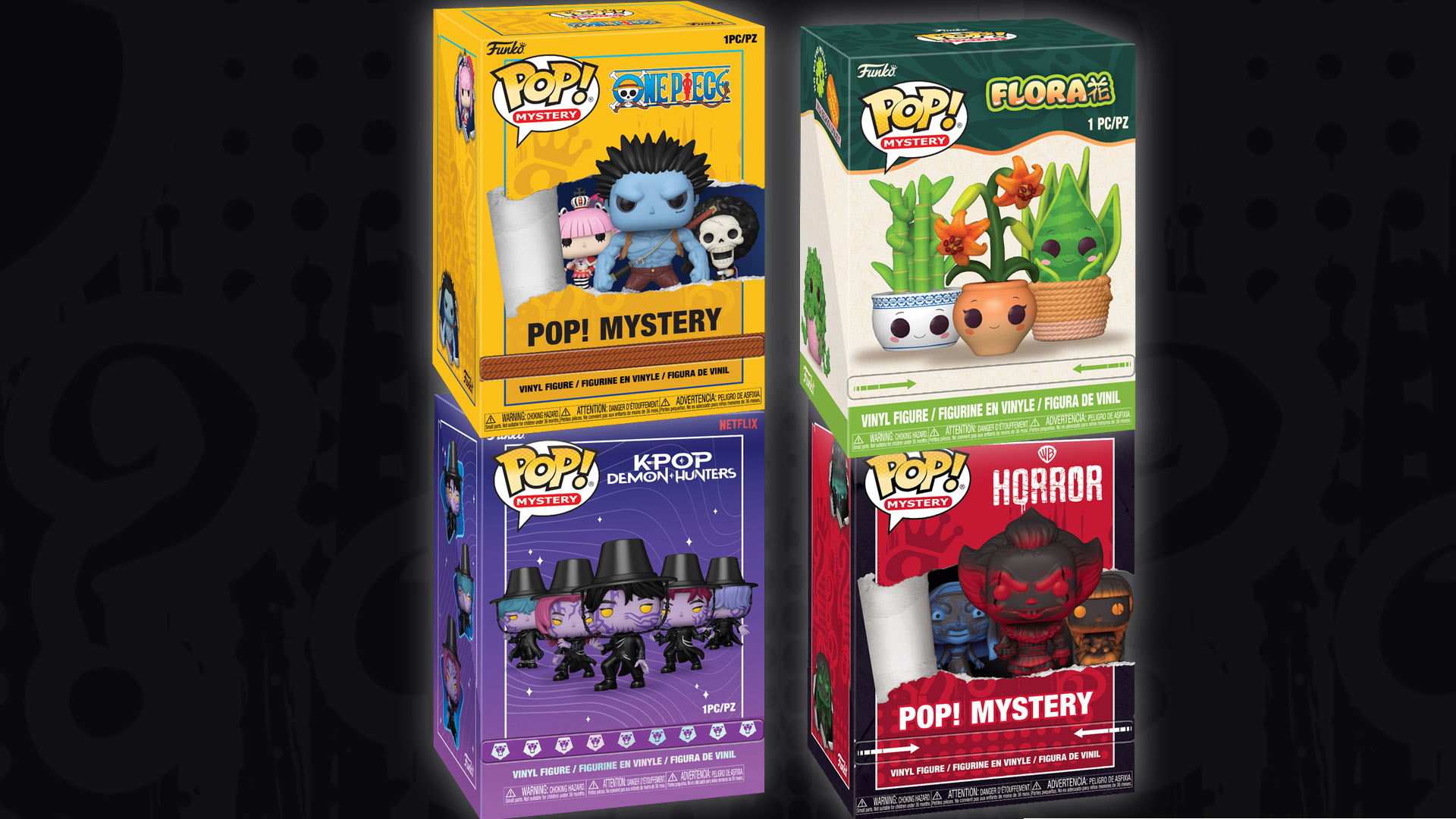 The One Piece, KPop Demon Hunters, Horror, and Plant themed products from the POP! Mystery Collection