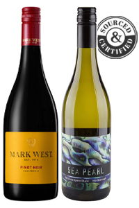 Two wine bottles: Mark West Pinot Noir and Sea Pearl. Sourced & Certified logo.