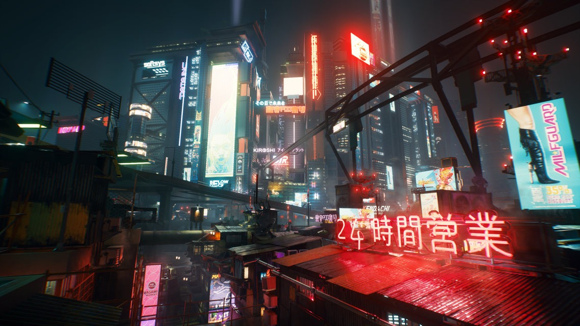 Street level in Night City, Cyberpunk 2077