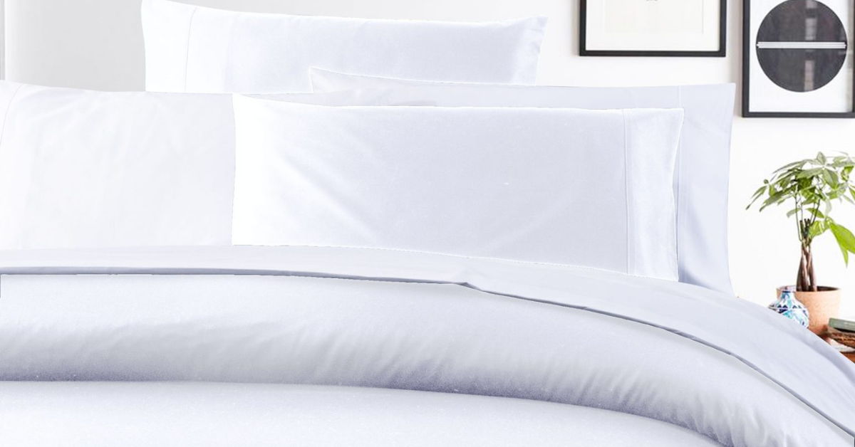 white bedsheets and light grey duvet cover