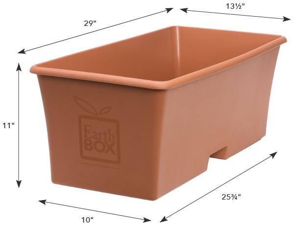 The EarthBox Original container is 29 inches long by 13.5 inches wide by 11 inches tall