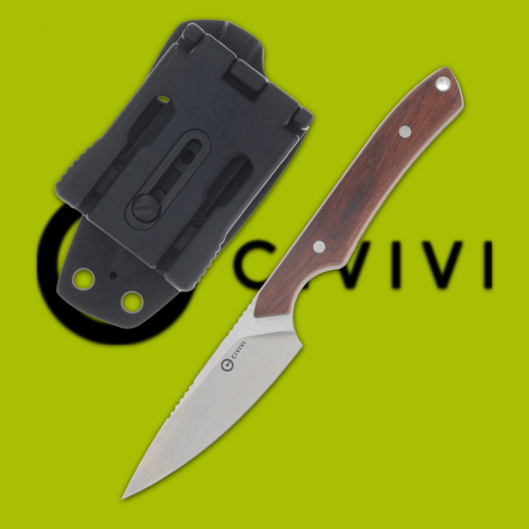 Civivi knife with a wooden handle and sheath on a green background.