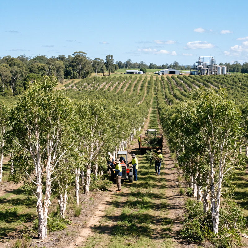 Workers tending to a tree plantation under a clear blue sky.