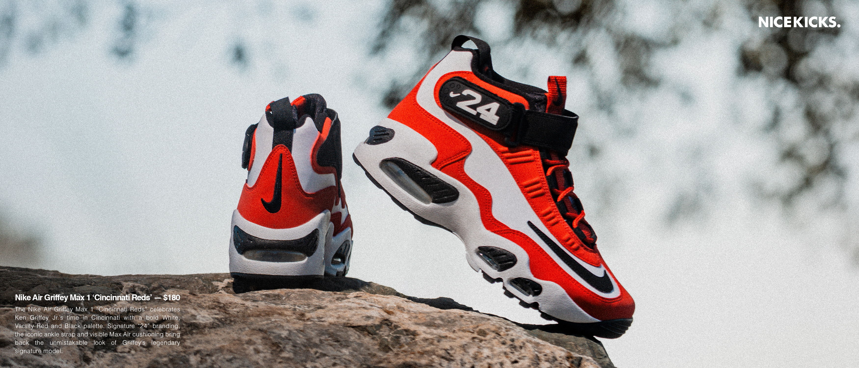Red and black athletic shoes on a rock with a blurred background.