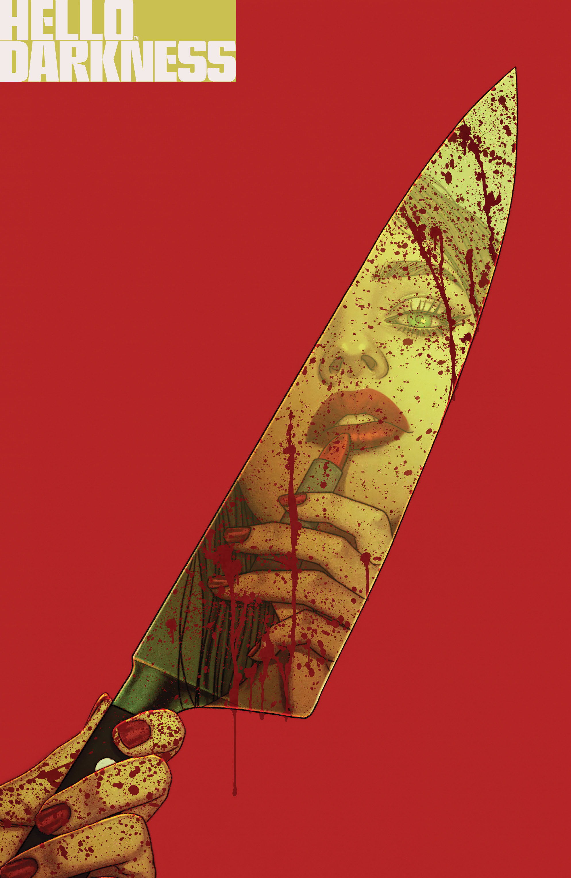 Illustration of a knife reflecting a woman's face with blood.