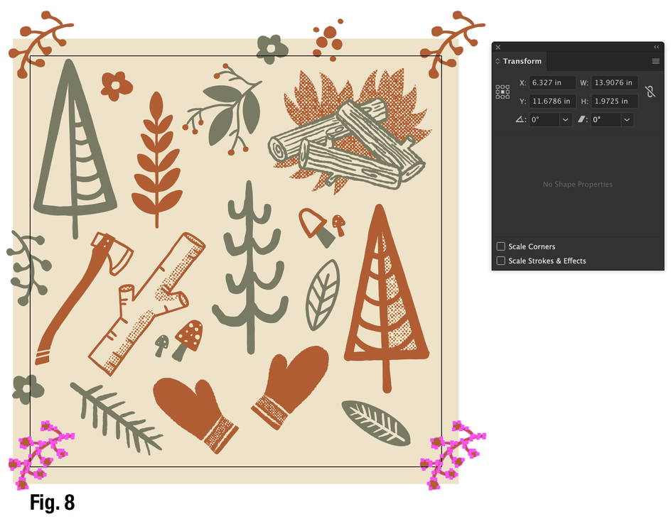 Figure 8 an Illustrator file with forest and camping motifs. A branch is copied on all four corners with the transform tool.
