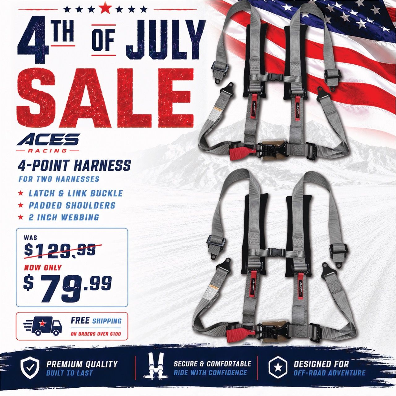 4th of July sale on 4-point harness, original price $129.99, sale price $79.99.