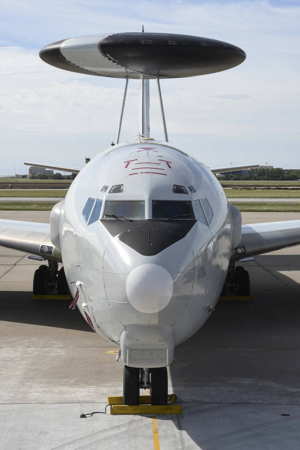 E-3G 'Sentry' Airborne Warning and Control System aicraft of the 552nd Air Control Wing, Air Combat Command, at home station in the morning of Sept. 30, 2017, Tinker Air Force Base, Oklahoma. The Sentry is a derivative of the Boeing 707/320 commercial airframe with a distinctive black and white, rotating, Northrop Grumman AN/APY-2 S-band radar system mounted on top of the fuselage. The dome is 30 feet in diameter, six feet thick, and is held 11 feet above the fuselage by two struts. the An-APY-2 radar permits surveillance from the Earth's surface up into the stratosphere, over land or water.