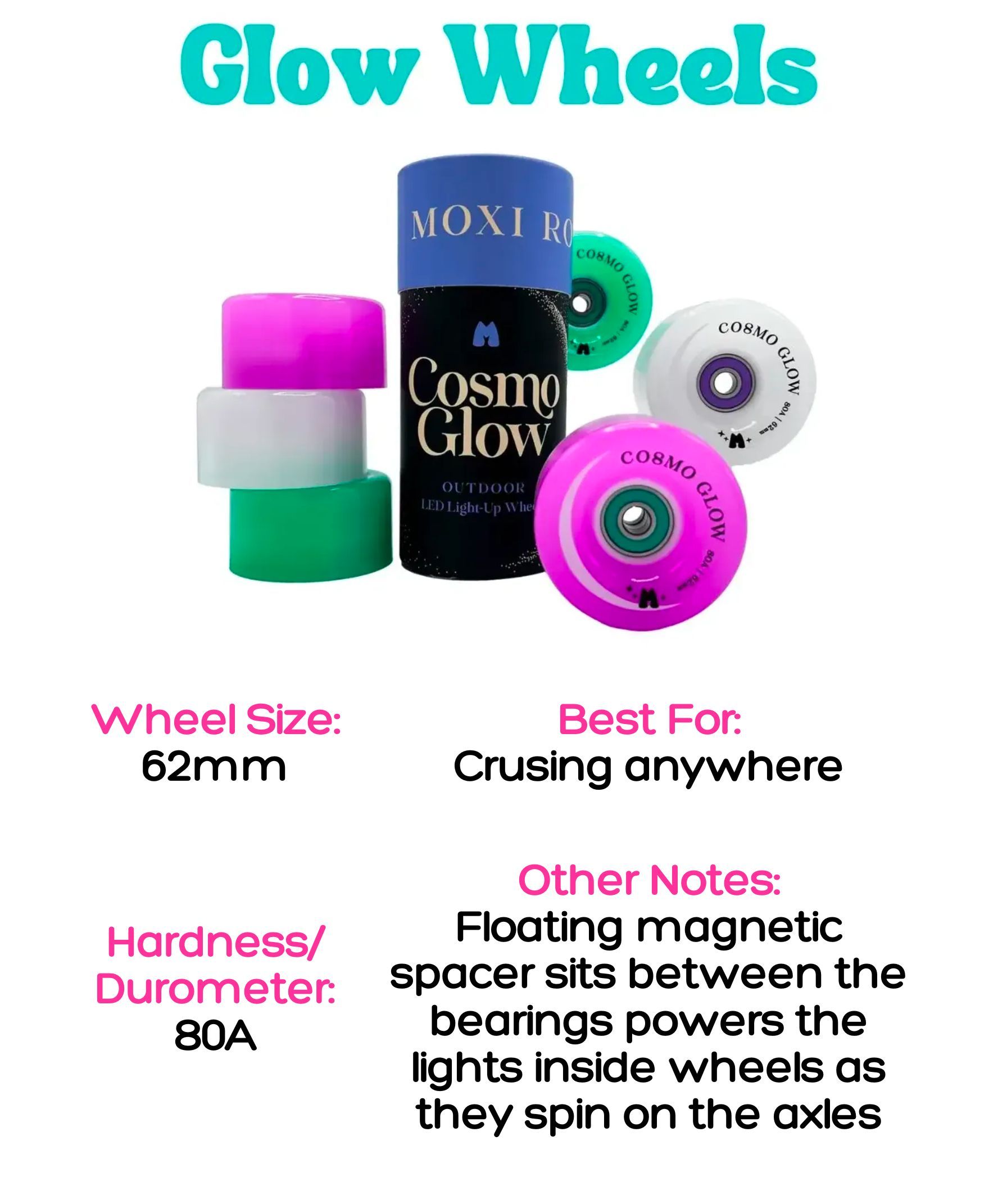 glow wheels, 62mm, 80A hardness, best for cruising anywhere, lights up
